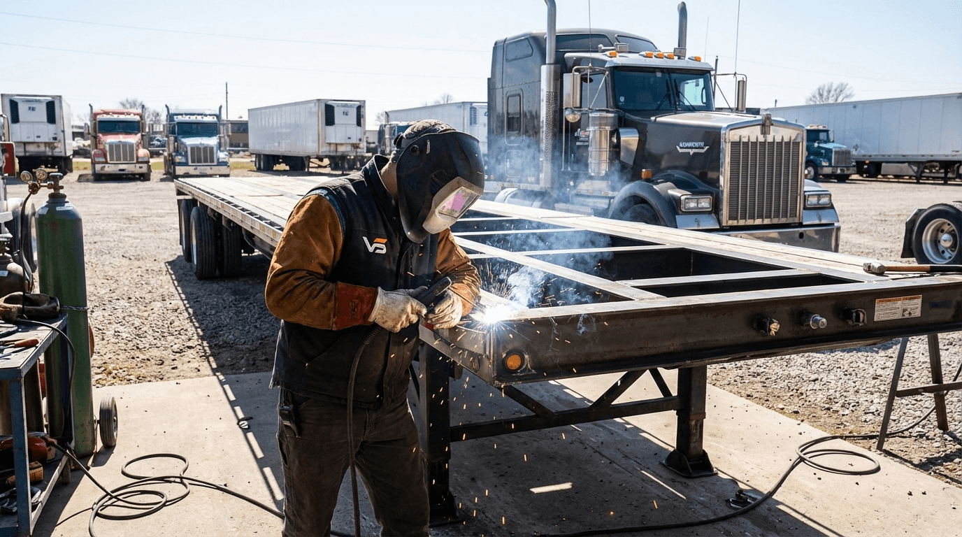 Welder repairing flatbed trailer frame - trailer repair services