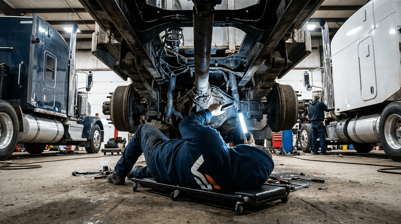 Mechanic inspecting semi truck undercarriage - truck repair Kansas City