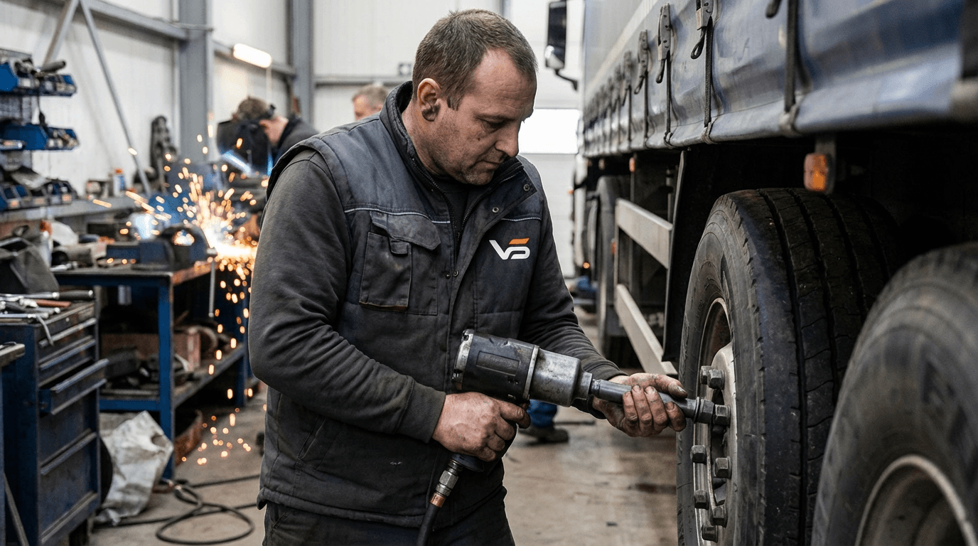 Mechanic servicing truck wheel and brakes - truck brake repair Kansas City